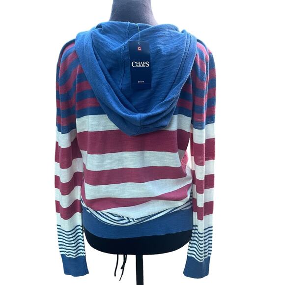 Chaps Denim Knit Lightweight Striped Hoodie Blue Red Ivory V-Neck Nautical Sz L - Picture 3 of 4